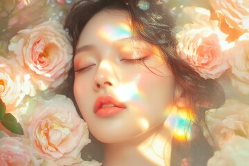 Naklejka premium A beautiful Asian woman with roses in her hair soft and delicate skin with bright sunshine.