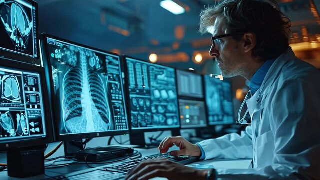 On a contemporary interface screen, a radiology specialist is diagnosing and treating virtual human lungs and lengthy COVID-19. Medical care and medication
