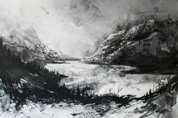 Abstract Black and White Mountain Landscape Painting
