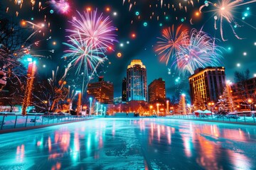 Obraz premium A vibrant winter scene featuring a frozen rink, colorful fireworks, and illuminated city skyline celebrating the holiday spirit.