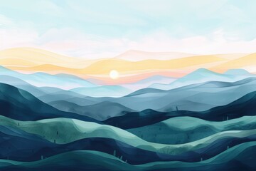Abstract Watercolor Landscape with a Sun Setting Behind Layers of Mountains