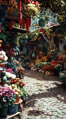 Fototapeta premium Colorful Flower Market Stall with Cobblestone Path.