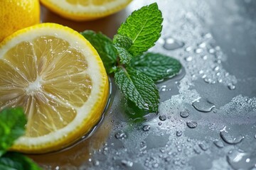 A few lemon slices and mint leaves in water with a silver background water droplets.