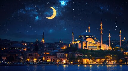 Naklejka premium Suleymaniye Mosque with a crescent above it. Night sky.