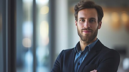 Fototapeta premium Portrait of a confident business leader in formal attire with a focused expression, representing professionalism and leadership in a corporate environment.
