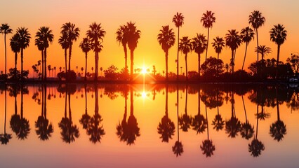 Golden Reflections: Sunset Among the Palm Trees