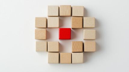 Red wooden block standing out from the group on white background, leadership, , top view layout.