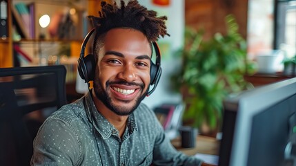 Friendly customer support representative with headset smiling while working on a computer in a professional office setting, offering excellent service and communication assistance.