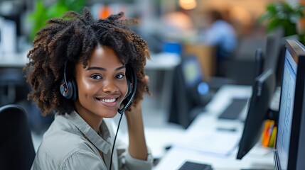 Smiling customer service representative with an afro hairstyle providing professional support while using a headset and computer in a modern office environment.