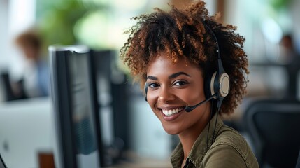 Smiling customer service representative with an afro hairstyle providing professional support while using a headset and computer in a modern office environment.