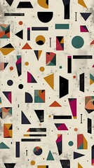 Abstract geometric pattern with colorful shapes on a distressed background.