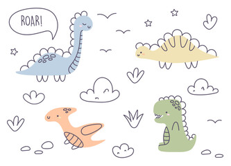 Children dinosaurs set. Kids doodles of animals in scandinavian style. Cute animal characters in childish style. Dino Collection for Children's shower, bedroom, textiles