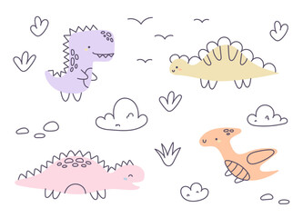 Children dinosaurs set. Collection of cute doodle dinosaurs and prehistoric plants. Collection of Funny Dinos and Plants for Baby Shower and stickers. Kids doodles of animals in scandinavian style