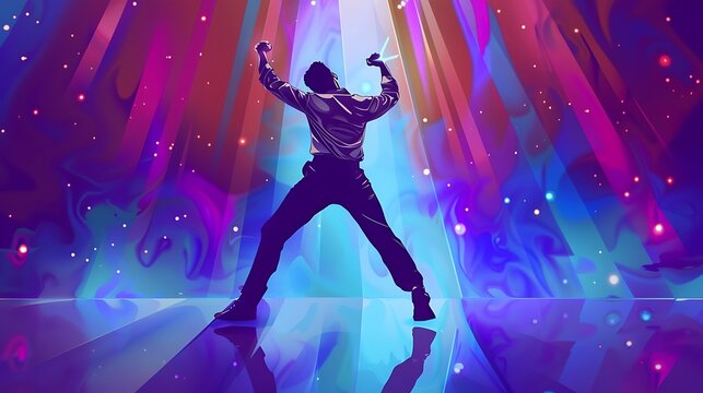 Silhouette of a man with raised arms on a stage with a bright spotlight. He is expressing a feeling of triumph and confidence. The background is filled with colorful abstract shapes.