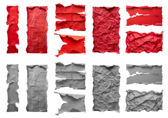 Collection set of red maroon grey gray crushed wrinkle scrunch torn strips pieces paper, old tear crumple rip edges on transparent cutout, PNG. Many different design. Mockup template artwork graphic