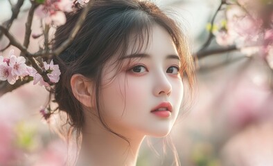 Fototapeta premium A beautiful girl in the blossom garden surrounded by blooming cherry blossoms.