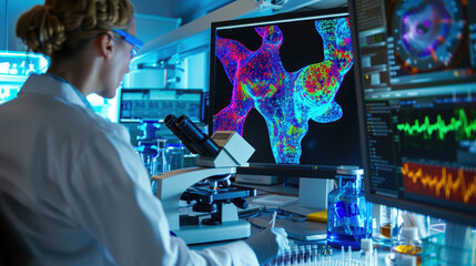 Scientist analyzing data in a laboratory using high-tech equipment and vibrant displays to research biological structures.
