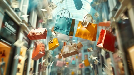 Shopping Spree: Colorful Bags Floating in a Blurred City