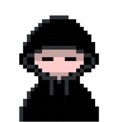 Obraz premium 黒パーカーのフードを深くかぶったハッカー風怪しい人のかわいいドット絵