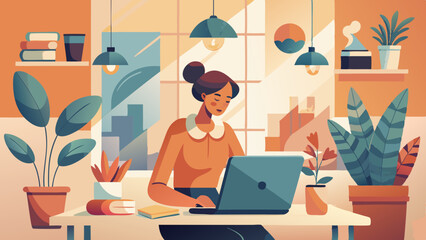 Minimalist Vector Illustration of a Woman Working on a Laptop, Contemporary Artwork Featuring Clean Lines and Modern Aesthetic Trend