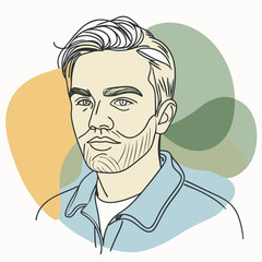 Fototapeta premium Linear Drawing of Male Portrait Against Blue, Orange, and Green Color Splashes Background: Contemporary Artistic Interpretation of Masculinity in Vibrant Color Palette