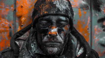 Portrait of a man with his eyes closed, his face covered in colorful paint splatter. The background is a textured metal surface with faded paint.
