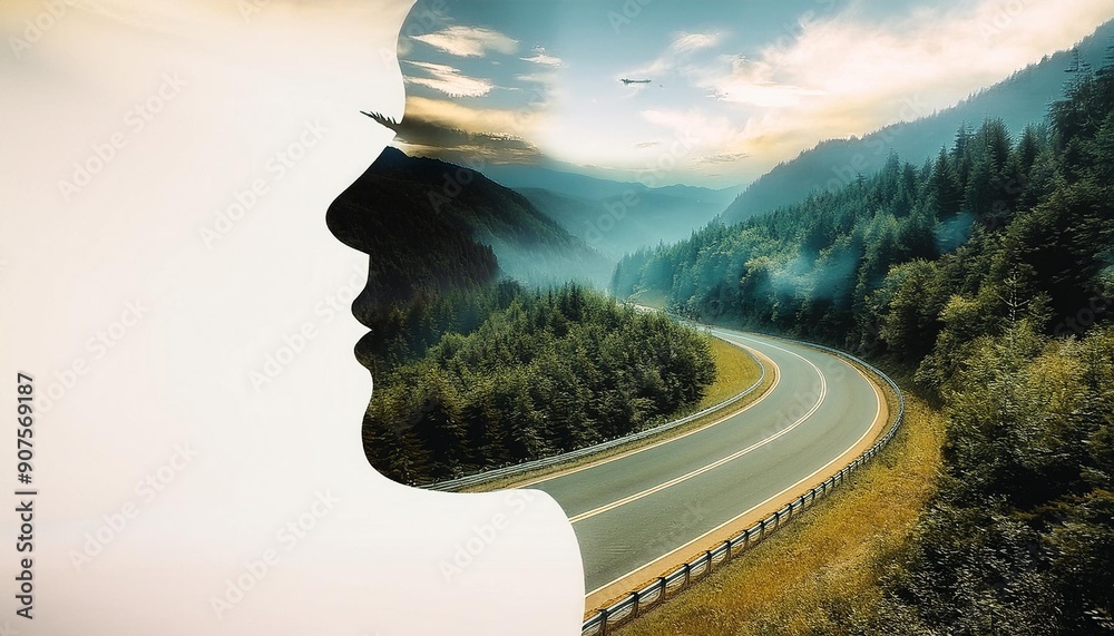 Wall mural double exposure silhouette woman and country road way in mountains nature