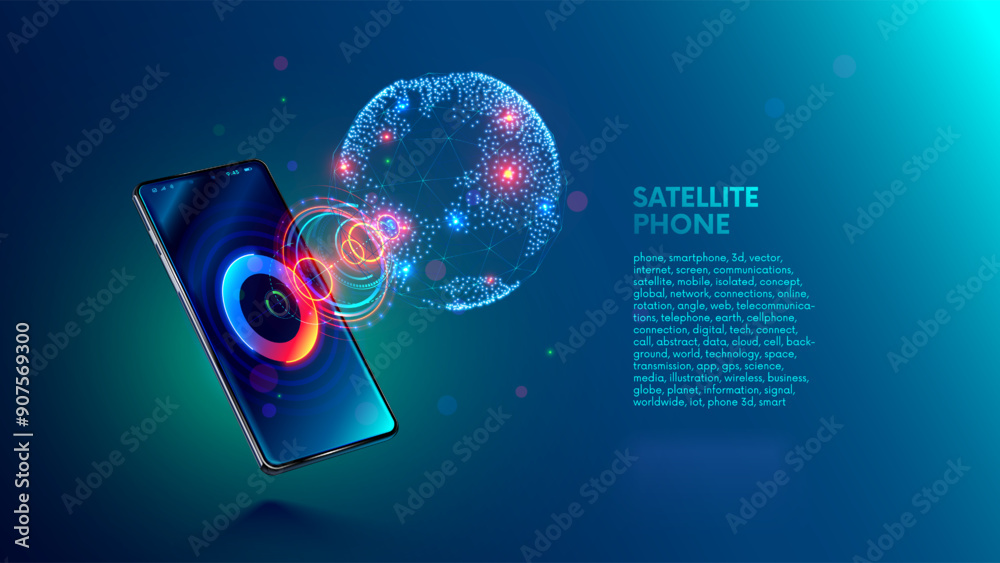 Leinwandbilder 3d vector phone hanging over table. satellite communications on mobile smart phone concept. global c