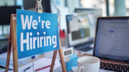 Office desk displaying 'We're Hiring' sign beside coffee cup and computer screen.