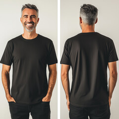 Black tshirt front and back mockup. Man model in oversized short sleeve crewneck tee, both side view. Men's basic outfit. Elder man two 2 sides shirt mock up