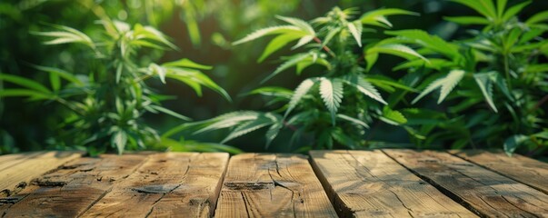 Obraz premium Empty rustic wooden table, green foliage background. Free copy space for banner.