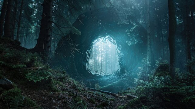 Mysterious forest portal for dogman and bigfoot from another realm Unknown phenomena with space for copy