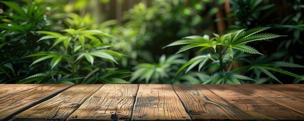 Obraz premium Empty rustic wooden table, green foliage background. Free copy space for banner.