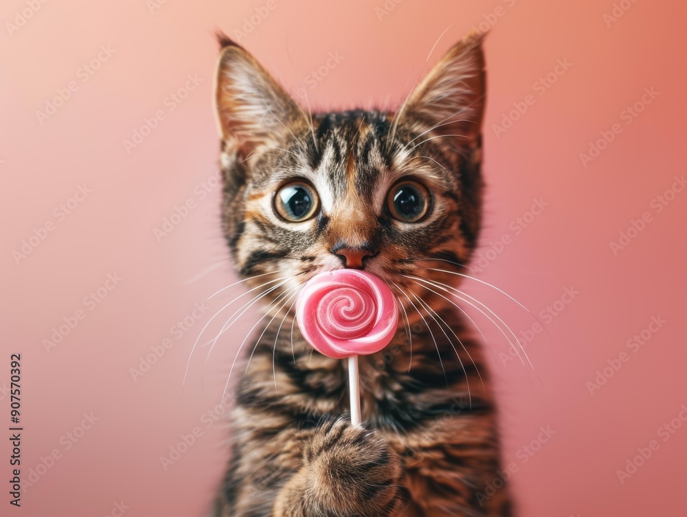 Poster A kitten holds a pink lollipop. AI.