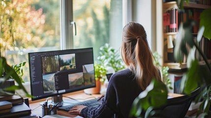 Remote hybrid work and telecommuting setup with businesswoman on laptop in a home office for virtual team collaboration and teleconference meeting with coworkers