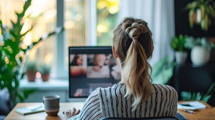 Remote hybrid work and telecommuting setup with businesswoman on laptop in a home office for virtual team collaboration and teleconference meeting with coworkers