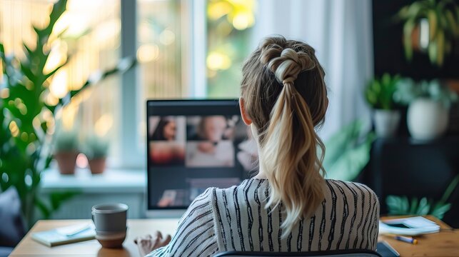 Remote hybrid work and telecommuting setup with businesswoman on laptop in a home office for virtual team collaboration and teleconference meeting with coworkers