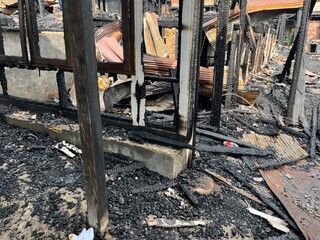 House Ruined by Fire. Fire Caused by Short Circuit. Fire Disaster. Interior of Wooden House...