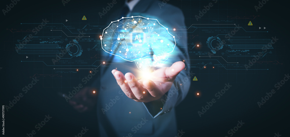 Aufkleber data science of a human brain overlaid with digital data and network symbols indicating artificial i