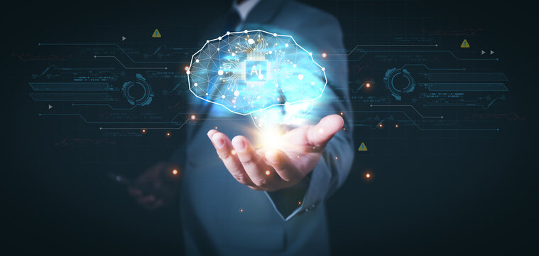 Data science of a human brain overlaid with digital data and network symbols indicating artificial intelligence, digital technology, Big data analysed with AI technology for business analytics.