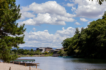 "By the clear lake, the sky is blue with some clouds."