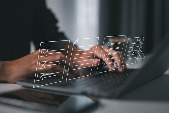 Hands on a laptop keyboard with checklists and files hovering above. It represents the integration of digital tools for streamlined task tracking, documentation, and effective project management.