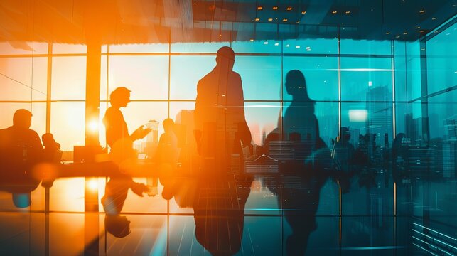 Silhouette of collaborative business professionals working together in a modern office setting, showcasing the concept of teamwork and partnership through double exposure with dynamic light effects.