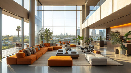 displayed centrally, modern office lounge bathed in natural light with large windows overlooking the city below.