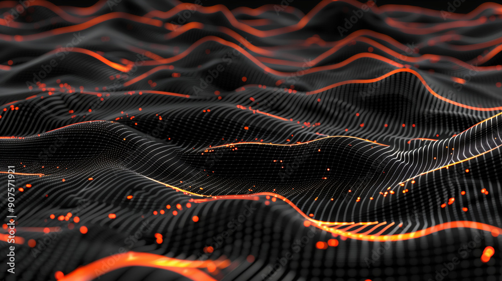 Poster abstract digital landscape with orange glowing dots on wavy lines against a black background, repres