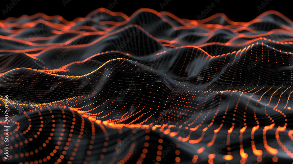 Aufkleber abstract digital landscape with orange glowing dots on wavy lines against a black background, repres
