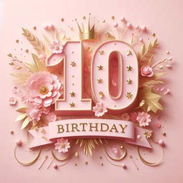 Colorful 10th birthday decoration featuring flowers and stars on a pink background.