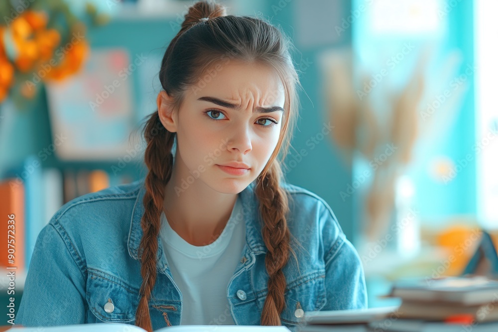 Wall mural Young woman with braided hair looking thoughtfully at the camera