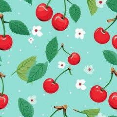 cherry cartoon pattern, turquoise background, red cherries and green leaves 