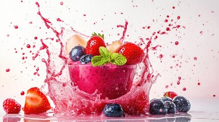 Mixed berry smoothie splash on white surface, showcasing vibrant health benefits